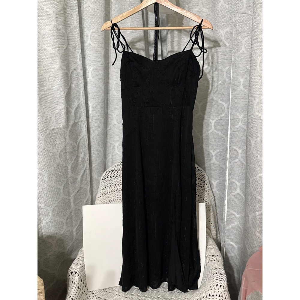 Lulus Black Floral Burnout Metallic Midi Dress Small Sweetheart Tie Strap Slit